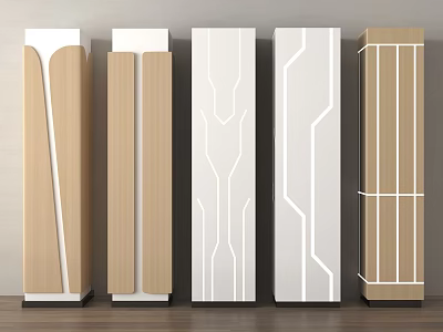 Modern Decorative Columns Featuring Beige White Wooden and Geometric Line Designs 3d model