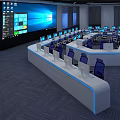Modern Control Room Interior Design With Console Workstations Chairs And Screens 3d model