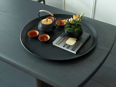 Elegant Decorative Ornaments Set With Black Tray Teapot Cups Green Plant And Magazine 3d model