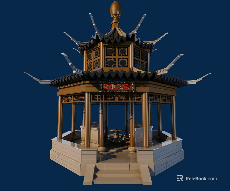 Traditional Chinese Pavilion Architecture With Upturned Eaves Carved Patterns And Red Plaque 3d model 