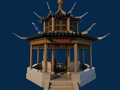 Traditional Chinese Pavilion Architecture With Upturned Eaves Carved Patterns And Red Plaque 3d model