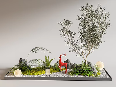 Indoor Landscape Display With Olive Tree Red Deer Figurine Green Plants Stones And White Spheres 3d model