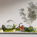 Indoor Landscape Display With Olive Tree Red Deer Figurine Green Plants Stones And White Spheres