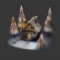 Wooden Cabin Surrounded by Snow Covered Pine Trees in Snowy Winter Scene
