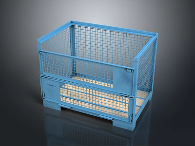 Blue Metal Mesh Storage Crate With Wooden Base For Industrial Use 3d model