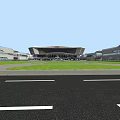 Modern Airport Terminal Architecture With Curved Roof Solar Panels And Runway
