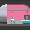 Cartoon Retro Diner Interior With Pink Walls Black White Checkerboard Floor And Blue Seats