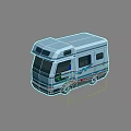 Stylish White Recreational Vehicle with Blue Brown Stripes and Windows Design
