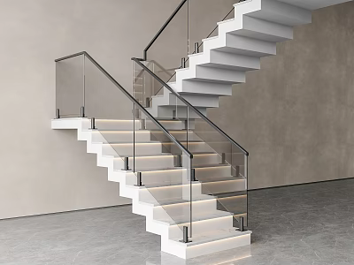 Modern Staircase With Glass Railing And White Steps In Minimalist Interior 3d model