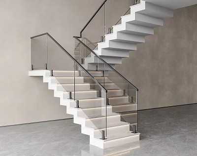 Modern Staircase With Glass Railing And White Steps In Minimalist Interior 3d model