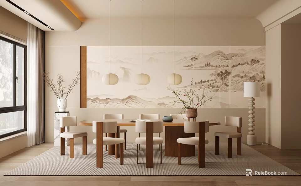 Traditional Modern Dining Restaurant Interior With Wooden Table Chairs Pendant Lights And Wall Art 3d model 
