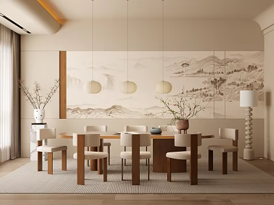 Traditional Modern Dining Restaurant Interior With Wooden Table Chairs Pendant Lights And Wall Art 3d model