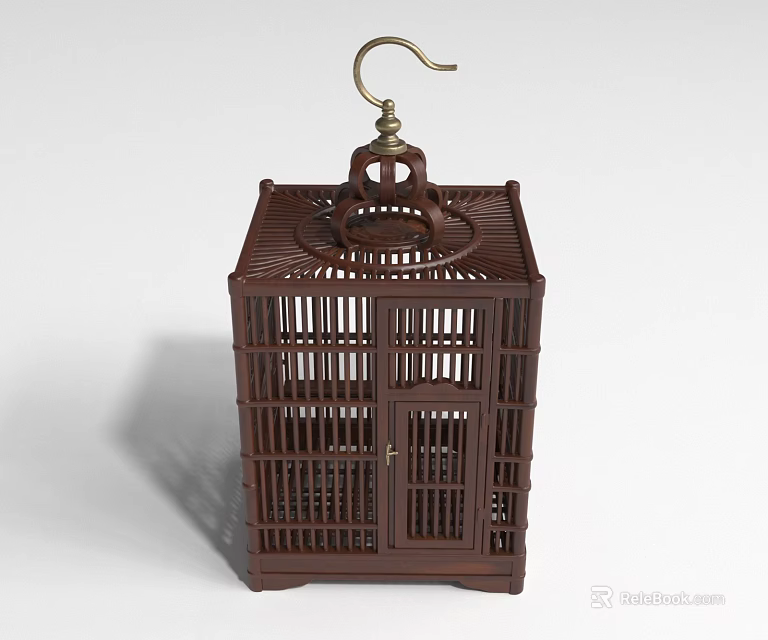 Brown Wooden Birdcage Furniture With Square Lattice Design And Metal Hook 3d model 