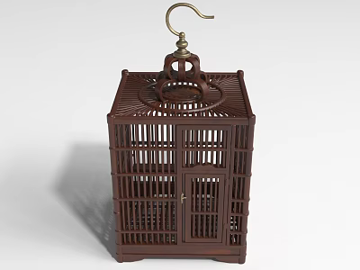 Brown Wooden Birdcage Furniture With Square Lattice Design And Metal Hook 3d model