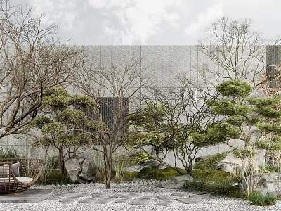 Tranquil Courtyard Garden With Lush Shrubs Various Trees Decorative Stones And Pebble Path 3d model
