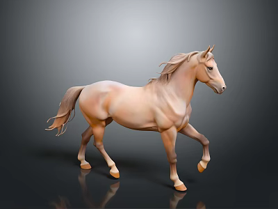 Light Brown Horse Walking on Black Ground with Gray Background and Flowing Mane and Tail 3d model
