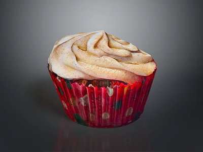 Delicious Fluffy Cupcake With Swirled Frosting And Red Polka Dot Wrapper 3d model