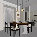 Modern Dining Room Interior With Wooden Table Black Chairs Hanging Lights And White Curtains