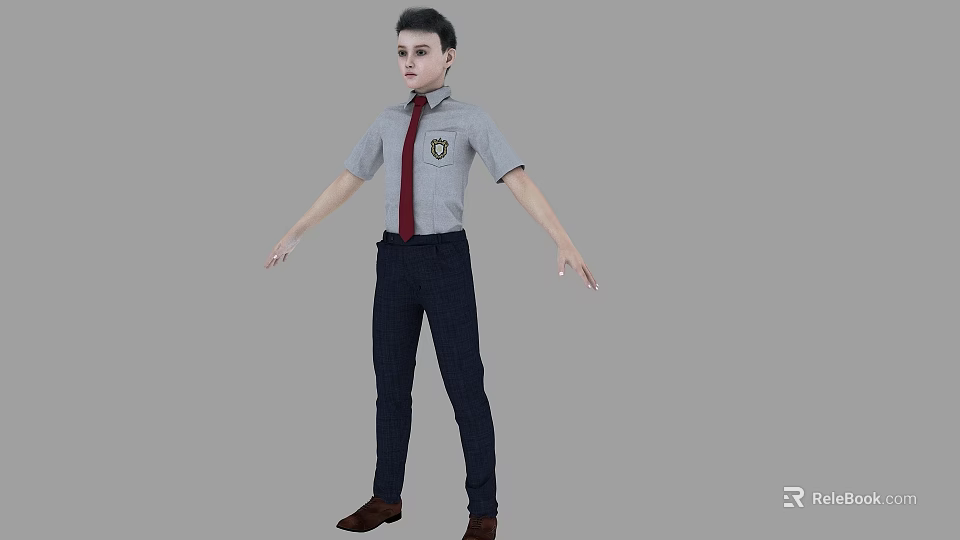 Young Man In Gray Shirt With Red Tie Badge Dark Pants And Brown Shoes 3d model 