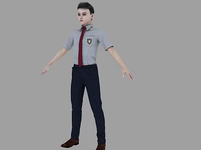 Young Man In Gray Shirt With Red Tie Badge Dark Pants And Brown Shoes 3d model