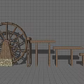 Garden Landscape Design Featuring Wooden Water Wheel And Benches With Grid Patterned Walls And Floor