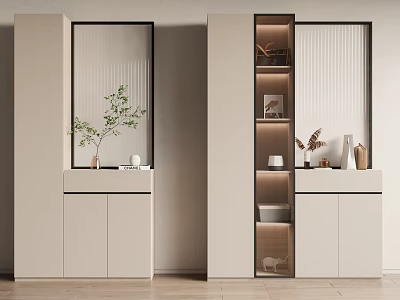 Modern Beige Shoe Cabinet With Glass Doors Open Shelves Green Plant And Decorative Items 3d model