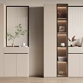 Modern Beige Shoe Cabinet With Glass Doors Open Shelves Green Plant And Decorative Items