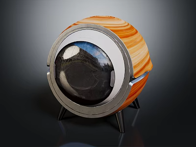 Modern Spherical Decorative Device With Wood Grain Surface And Metal Frame Stand 3d model