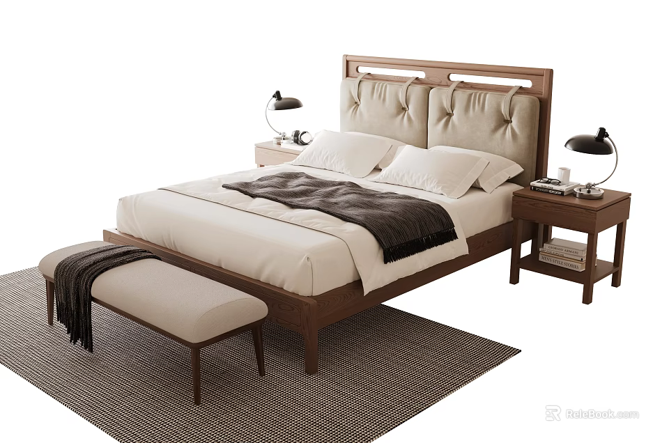 Double Bed Wooden Upholstered Headboard White Sheets Dark Blanket Side Tables Black Lamps Woven Rug 3d model 