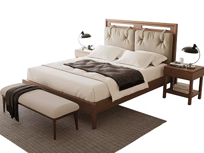 Double Bed Wooden Upholstered Headboard White Sheets Dark Blanket Side Tables Black Lamps Woven Rug 3d model