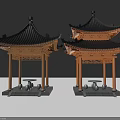 Traditional Chinese Pavilion Structure With Curved Roofs Wooden Pillars And Stone Base