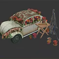 Vintage White Beetle Car Decorated With Pink Red Flowers Wooden Table Red Pots And Easel