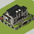 Two Story Detached Villa Featuring Black Roof White Walls And Red Umbrellas On Lawn