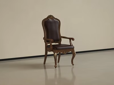 Classical Style Dining Chair With Carved Details Brown Leather And Wooden Frame 3d model