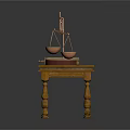 Vintage Wooden Table With Balance Scale And Scrolls As Household Items