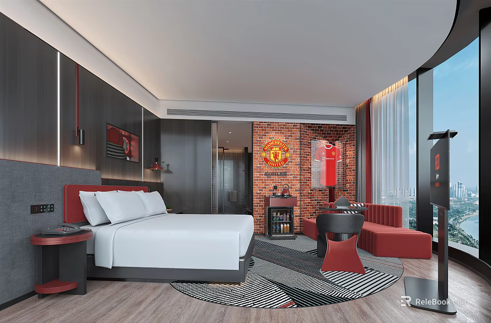 Modern Hotel Guest Room With King Bed Red Accent Furniture And Brick Wall Decor 3d model 