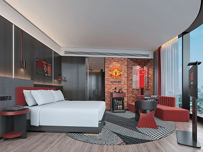 Modern Hotel Guest Room With King Bed Red Accent Furniture And Brick Wall Decor 3d model