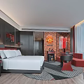 Modern Hotel Guest Room With King Bed Red Accent Furniture And Brick Wall Decor