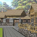 Ancient Architecture With Traditional Roof Wooden Structure Stone Walls Surrounded By Trees