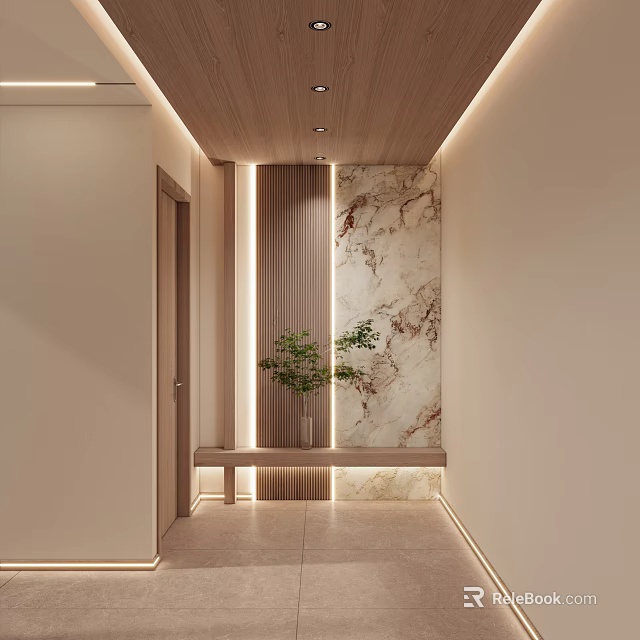 Modern Entryway With Wooden Ceiling Marble Wall And Plant 3d model
