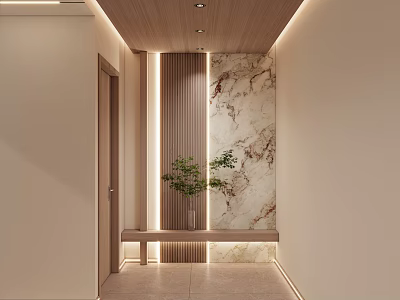 Modern Entryway With Wooden Ceiling Marble Wall And Plant 3d model