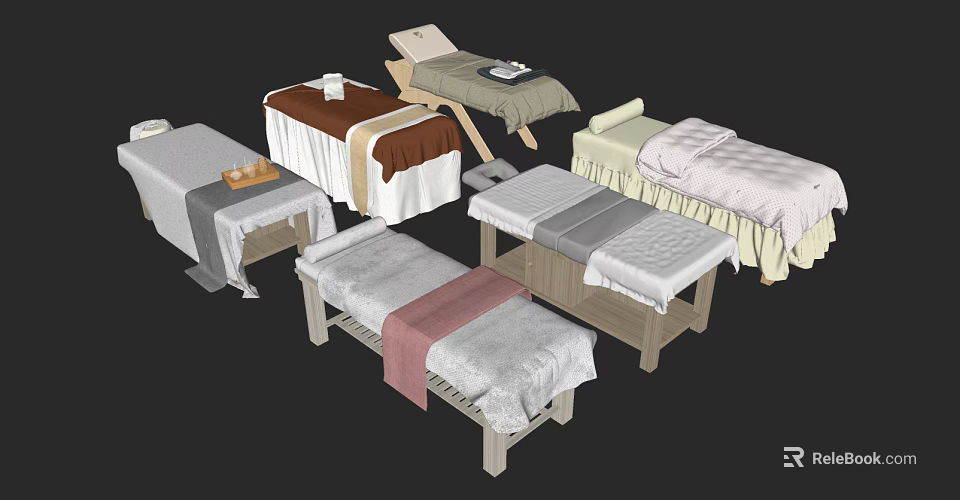 Assorted Massage Beds With Colored Bed Sheets And Wooden Frames In Spa Arrangement 3d model