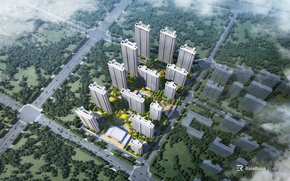 Aerial View Planning of Modern Residential Community with High-Rise Buildings and Green Spaces 3d model 