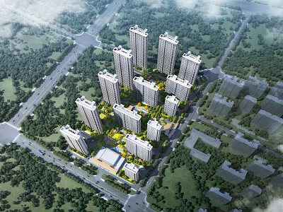 Aerial View Planning of Modern Residential Community with High-Rise Buildings and Green Spaces 3d model