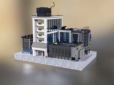 Modern Architectural Model Of Multi Story Buildings With Glass Facades And Gray Platform Base 3d model
