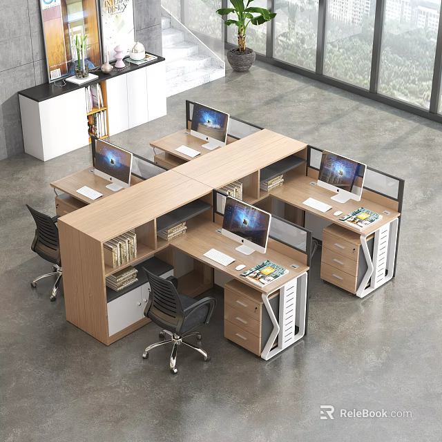 Modern Office Desk Workstation Setup With Computer Monitors Ergonomic Chairs And Storage Drawers 3d model