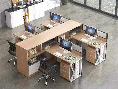 Modern Office Desk Workstation Setup With Computer Monitors Ergonomic Chairs And Storage Drawers 3d model