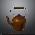 Vintage Copper Teapot With Wooden Handle On Dark Shiny Surface