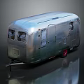 Vintage Silver Trailer With Windows Door Red Wheels And Reflective Exterior On Black Background