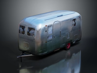 Vintage Silver Trailer With Windows Door Red Wheels And Reflective Exterior On Black Background 3d model